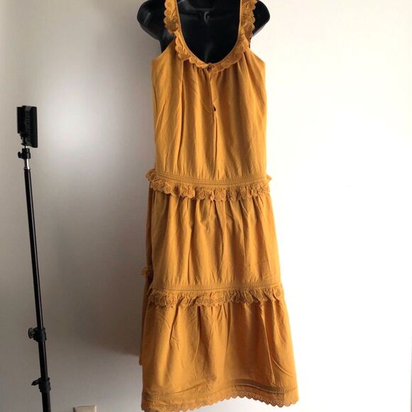 THE GREAT. Eyelet Magnolia Tiered Oversized Midi Dress Mustard Yellow Size S - Picture 5 of 10